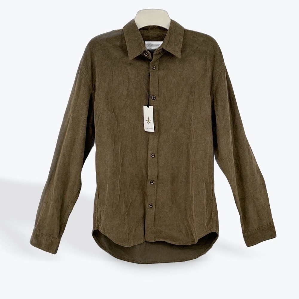 COASTAORO Mens Corduroy Shirt Olive Green Button Down Long Sleeve Casual M